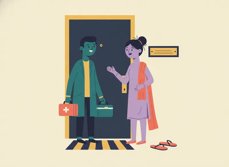 A lab technician at a door with a test kit