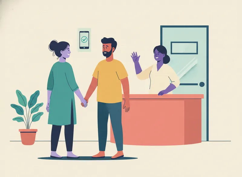 A couple arriving at a clinic, greeted by the receptionist